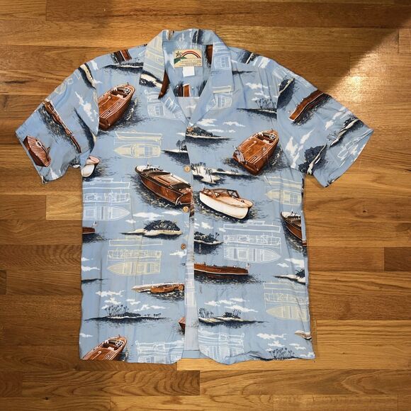 Paradise Found Hawaiian Shirt Large Blue Classic Boats Island Beach Tiki Rayon - Picture 1 of 6